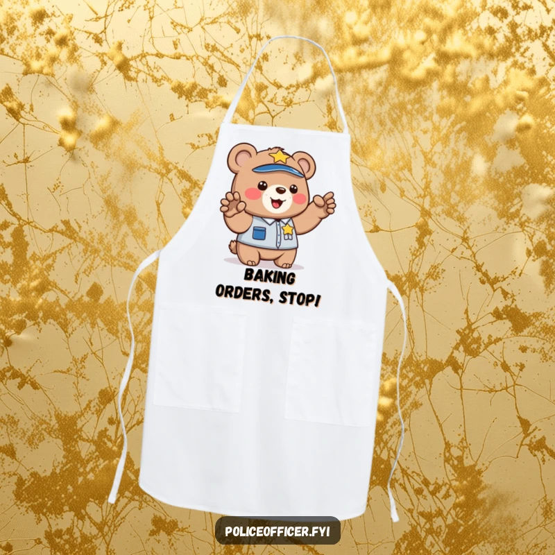 Funny kitchen apron featuring a bear cub in a police uniform directing traffic. Humorous culinary protection.