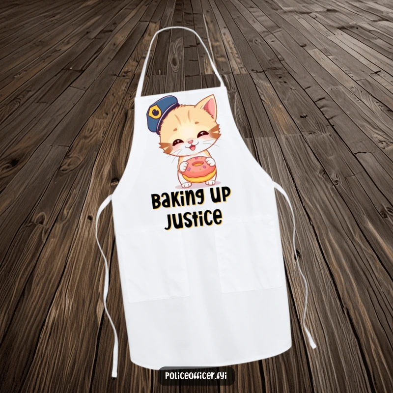 Funny apron with a kitten police officer giggling and holding an oversized donut. A humorous kitchen accessory for bakers.