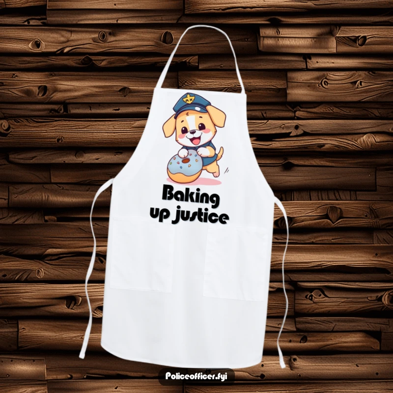 Funny puppy police officer apron: a cute, uniformed dog chasing a donut on a practical kitchen garment.