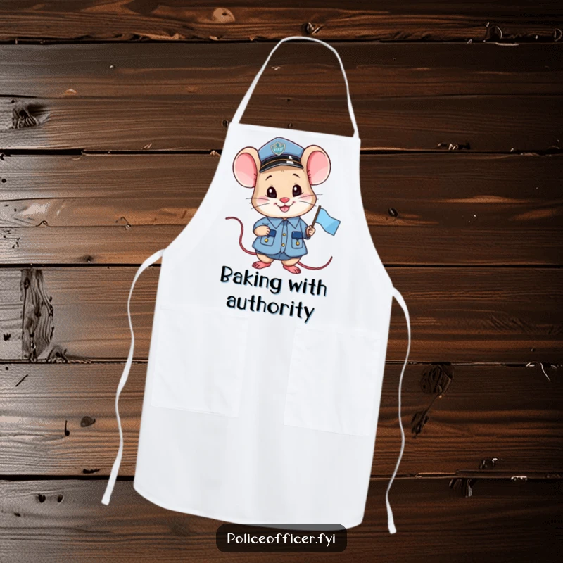 Funny smiling mouse police officer apron, holding a small flag, humorous kitchen wear for chefs.