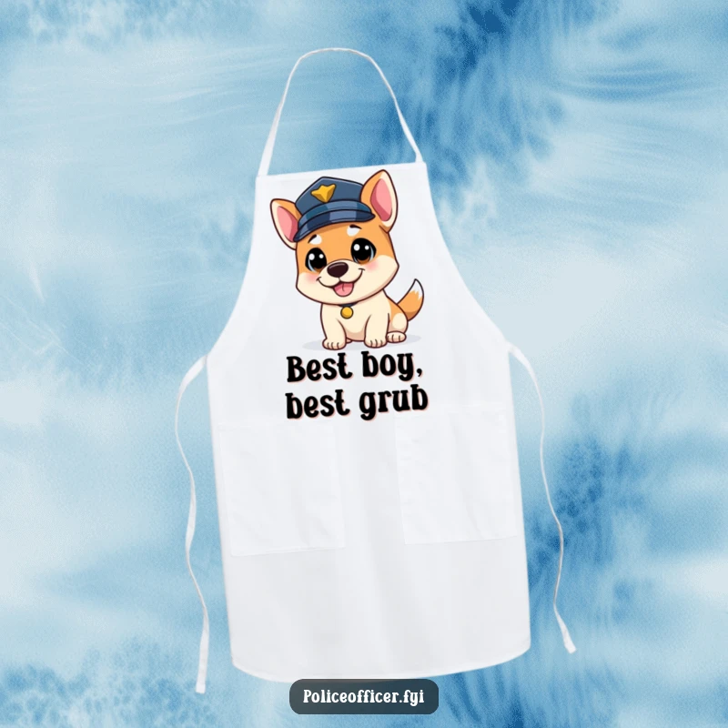 Funny bouncy dog police officer apron, tail wagging happily, wearing a police cap, humorous kitchen wear.