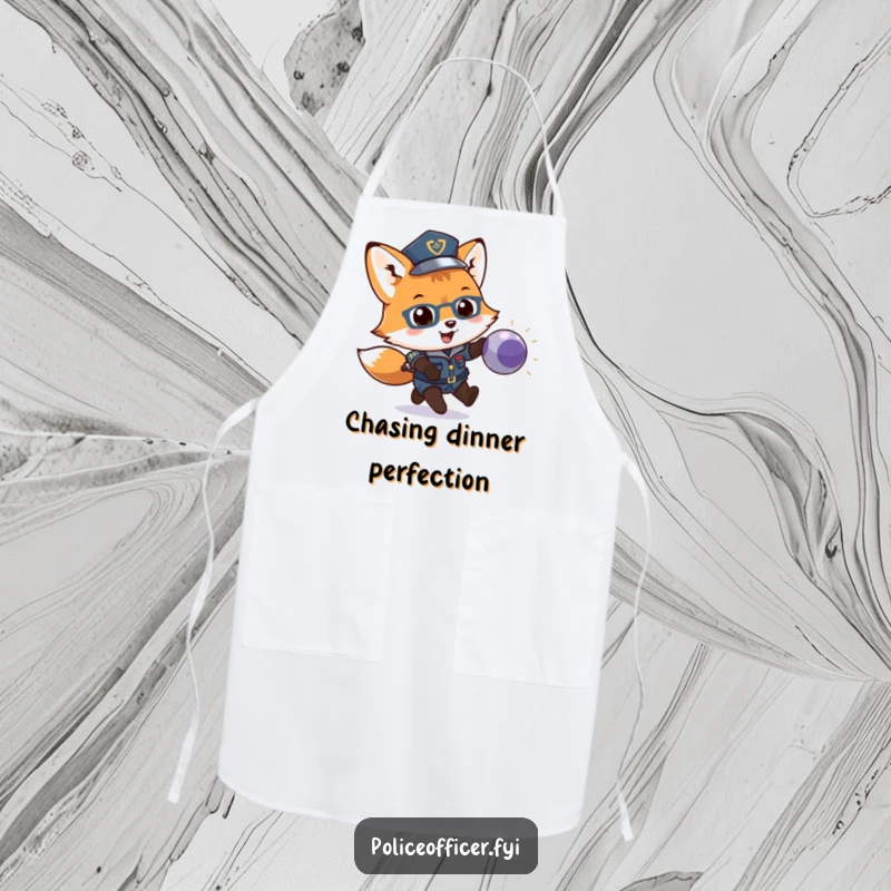 Funny kitchen apron featuring a fox cub in a police uniform chasing a bouncing ball. Humorous culinary protection.