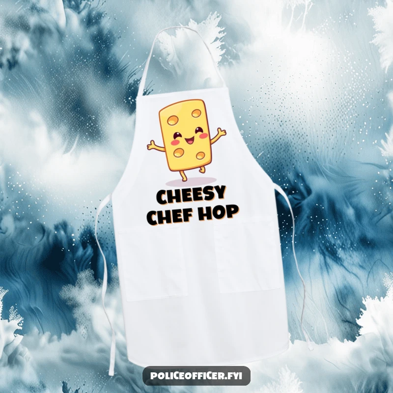 Funny apron design shows a smiling cheese slice doing a cheerful hop, bringing playful energy to cooking and baking.
