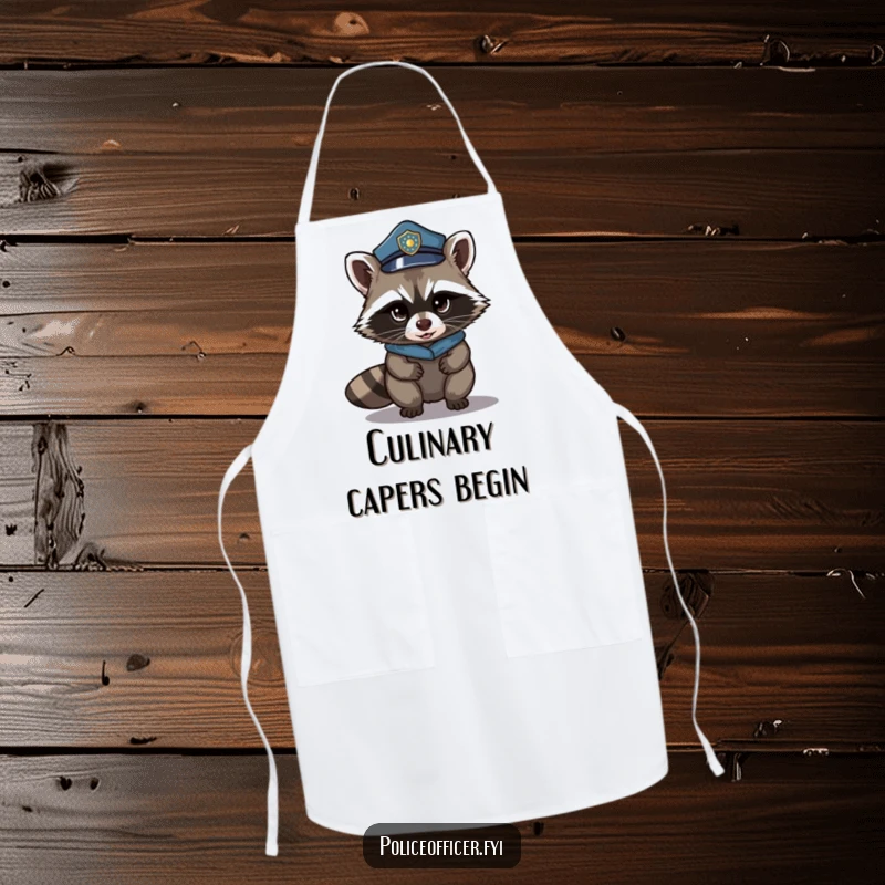 Funny apron with a stealthy raccoon wearing a police hat and a mischievous look. A humorous kitchen accessory.