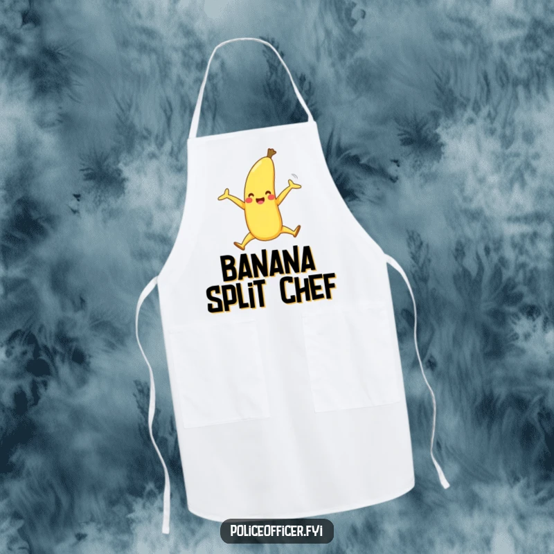Funny apron design shows a happy banana with legs doing a joyful split, bringing cheerful energy to cooking and baking.