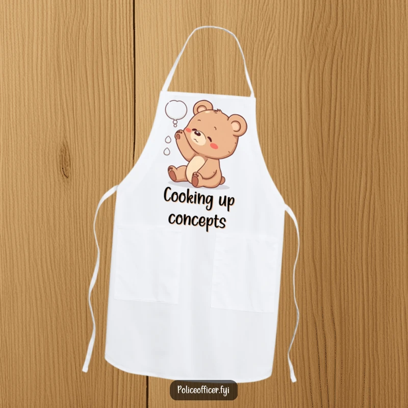 Funny bear cub apron showing a cub reaching for a thought bubble, adding a touch of whimsical charm to kitchen duties.