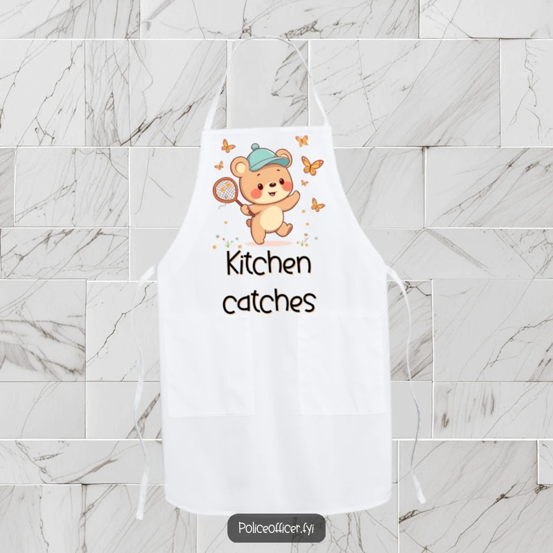 Funny Bear Cub Apron displaying a cheerful cub in a jaunty cap, happily chasing butterflies with a net, designed for humorous kitchen wear.
