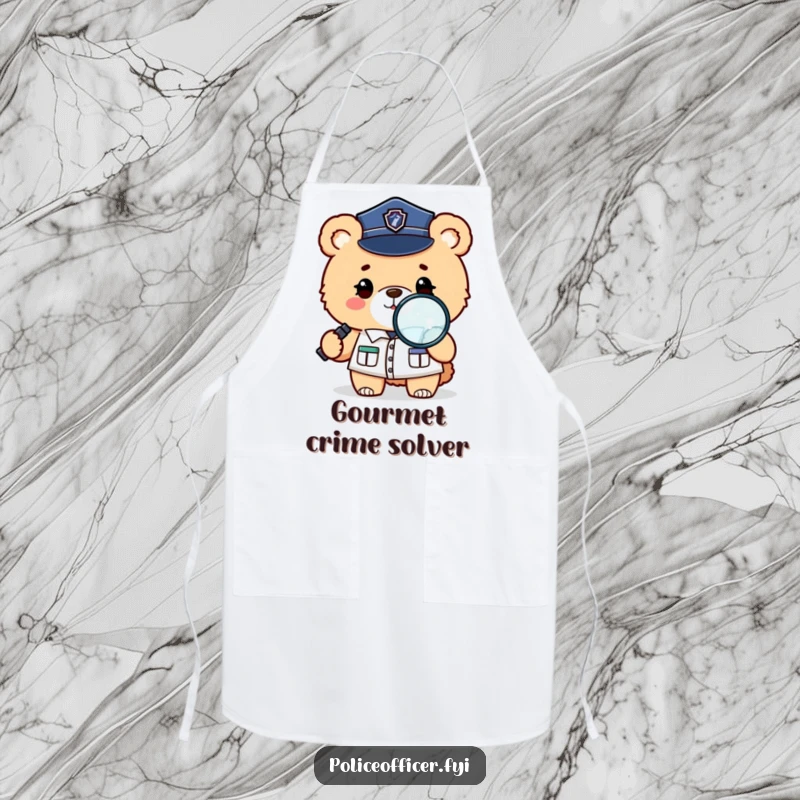 Funny apron with a fluffy bear in a police uniform winking and holding a magnifying glass, ready to cook.