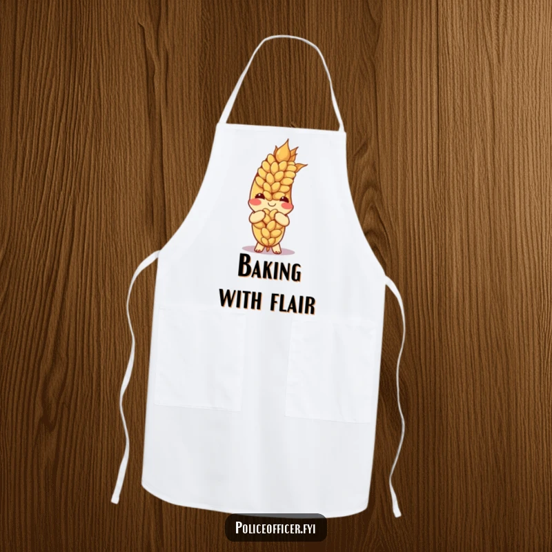 Funny ear of wheat character bowing politely on a kitchen apron, ideal for cooking and serving.
