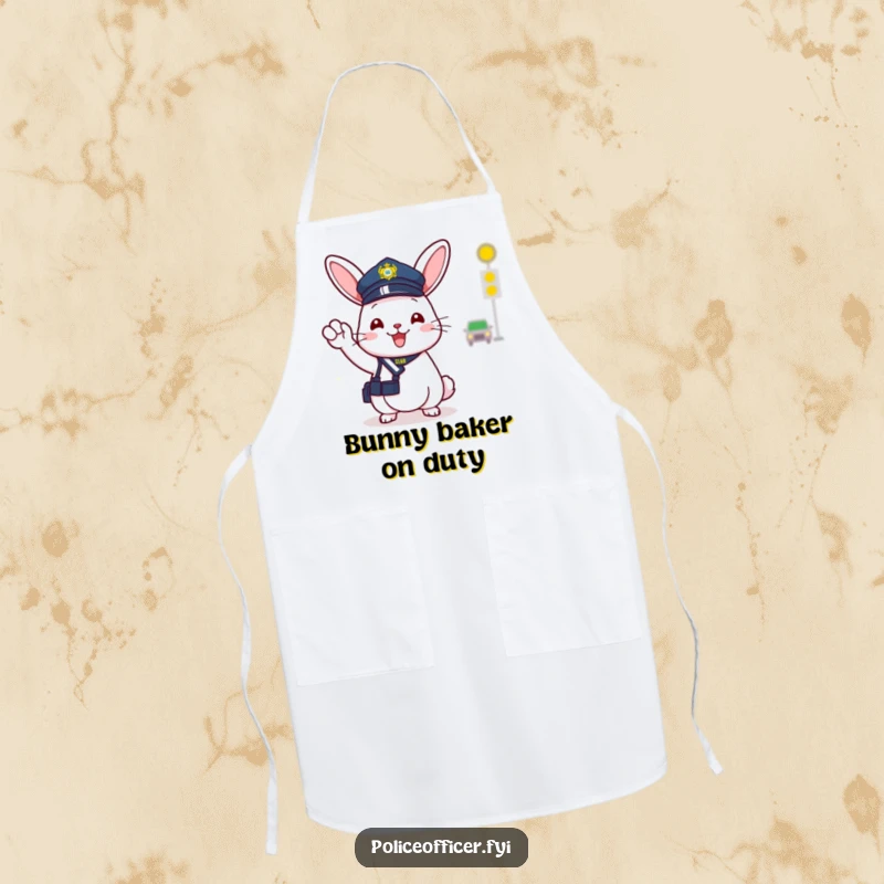 Funny apron with a cheerful bunny police officer wearing a tiny hat, directing traffic with a happy, helpful wave.