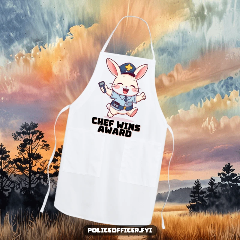 Funny Apron: Mischievous bunny in police uniform jumps with joy holding a remote, a funny gift for cooks.