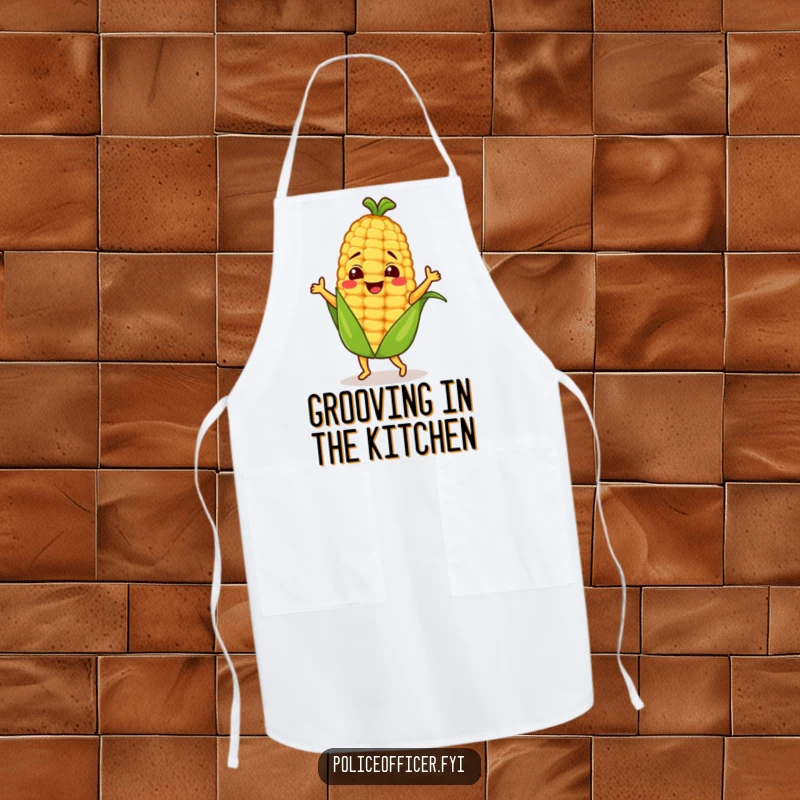 Funny corn cob character in a dancing pose on a kitchen apron, ready for cooking and fun.