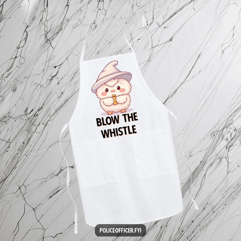 Funny apron showing a fluffy creature in a hat about to blow a tiny whistle, ready for kitchen duty with a smile.