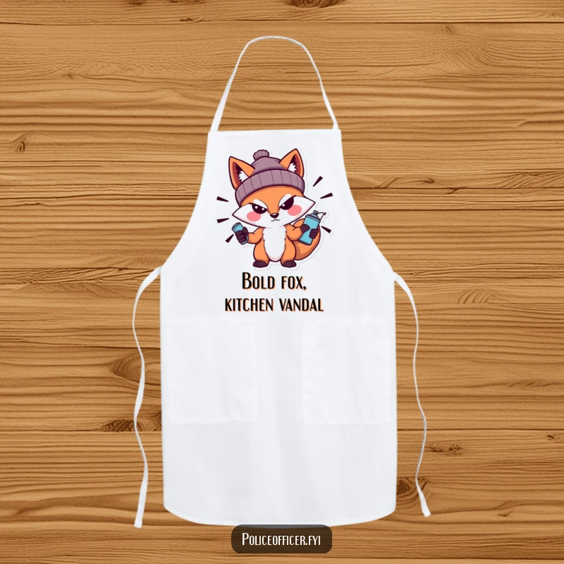 Funny Fox Apron depicting a bold fox wearing a beanie with a sneer, holding a spray can, perfect for kitchen duty with an artistic, urban vibe.