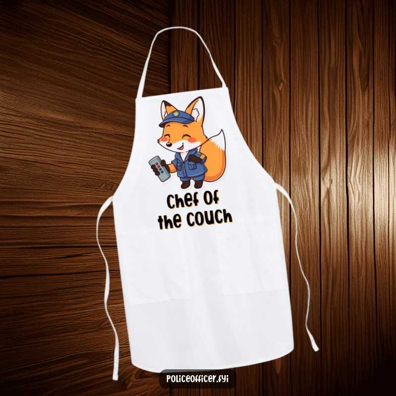 Funny Fox Apron: Smiling uniformed fox wearing a chef hat and holding a remote, a humorous kitchen accessory.