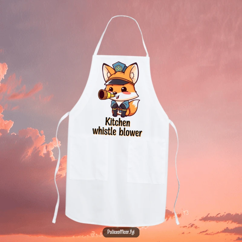 Funny fox police officer apron: a proud, smiling fox in a hat blowing a whistle on a kitchen garment.