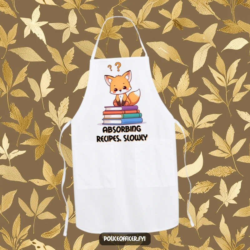 Funny chef apron with a curious fox cub on books, a question mark, perfect for the kitchen and aspiring cooks.