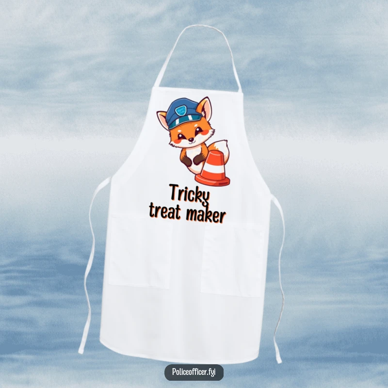 Funny apron with a cute fox police officer peeking out from behind a traffic cone, ready to cook.