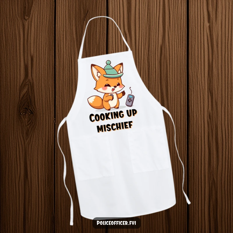 Mischievous fox in a hat pointing at a remote, wearing an apron, ready to add fun to cooking.