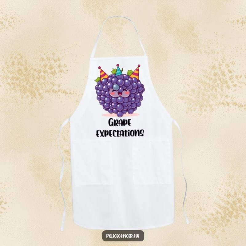 Funny grapes apron featuring a smiling bunch of grapes in party hats, ideal for humorous and festive cooking.