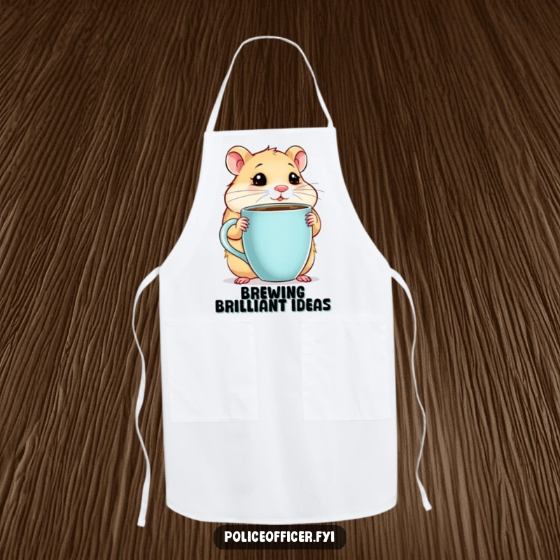 Funny Hamster Apron featuring a chubby hamster with a giant coffee cup, looking thoughtful, perfect for thoughtful cooking, a funny gift.