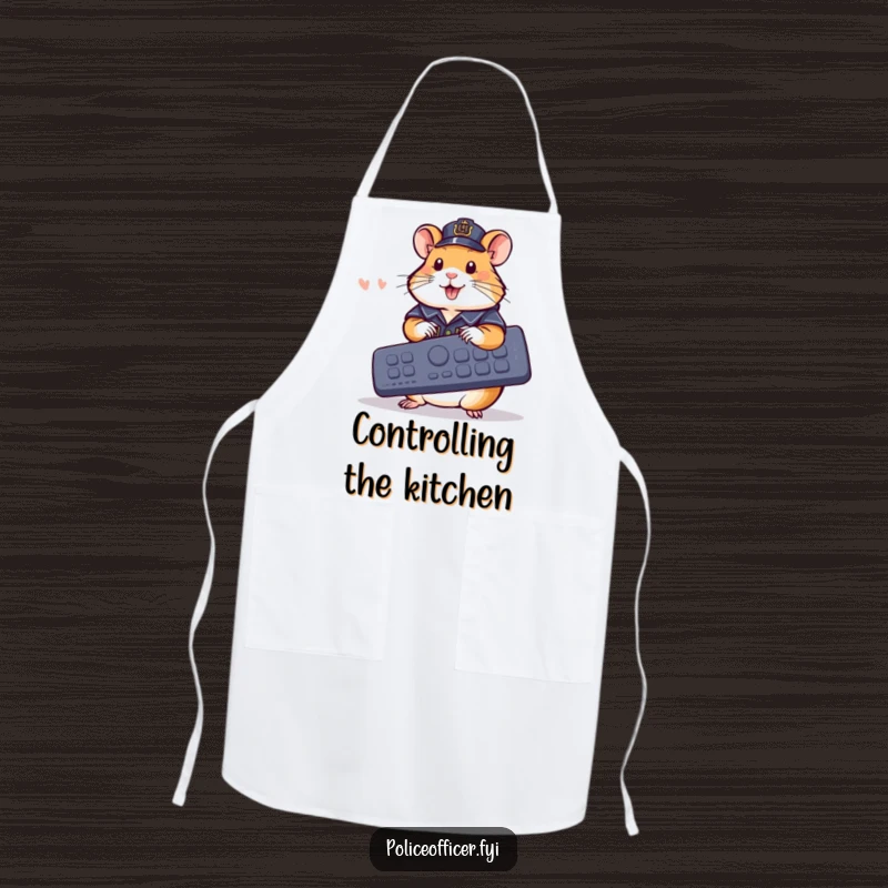 Funny Apron: Cheerful hamster in police outfit pressing buttons on a giant remote, a funny gift for cooks.