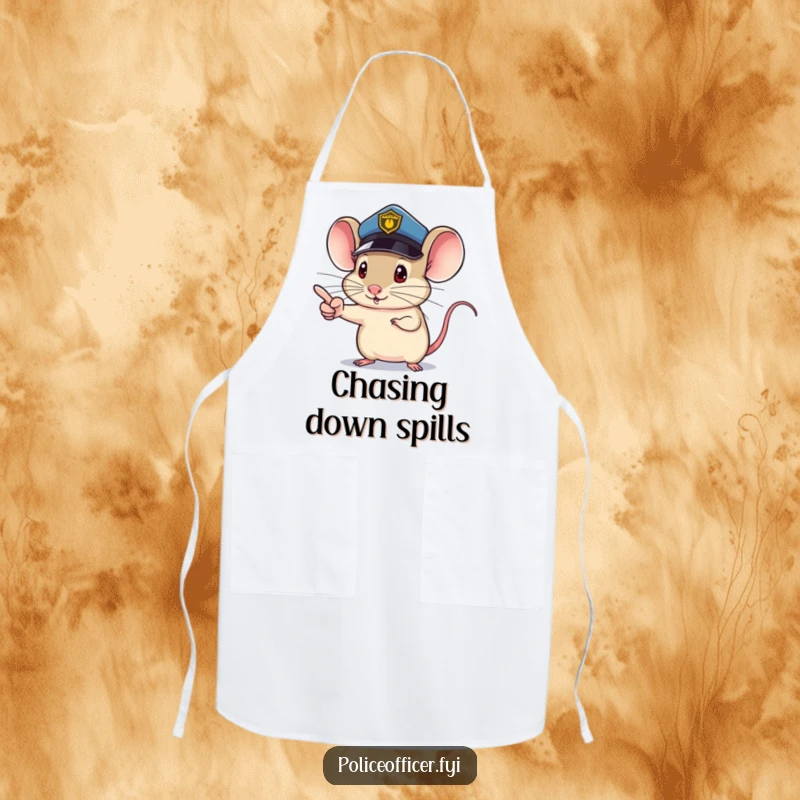 Funny Mouse Apron featuring a mouse police officer, tiny determined pointing finger, directing cooking with humor, a perfect funny gift.