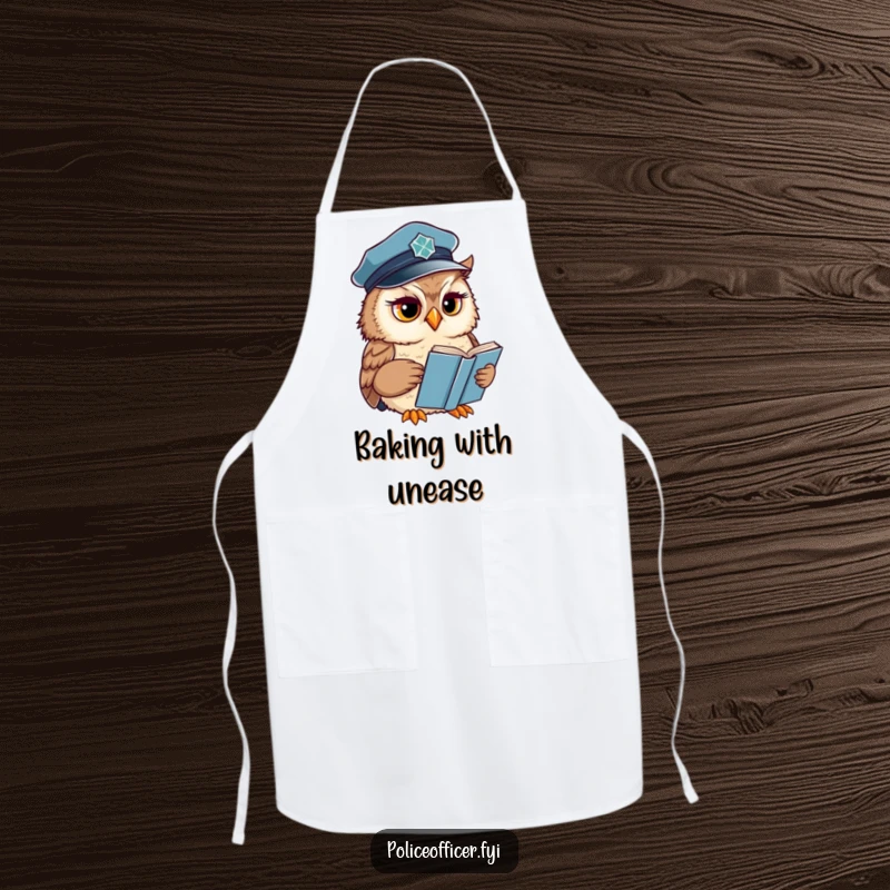Funny Owl Apron featuring a wise officer in a police cap reading a book with a concerned expression, for humorous kitchen duty.