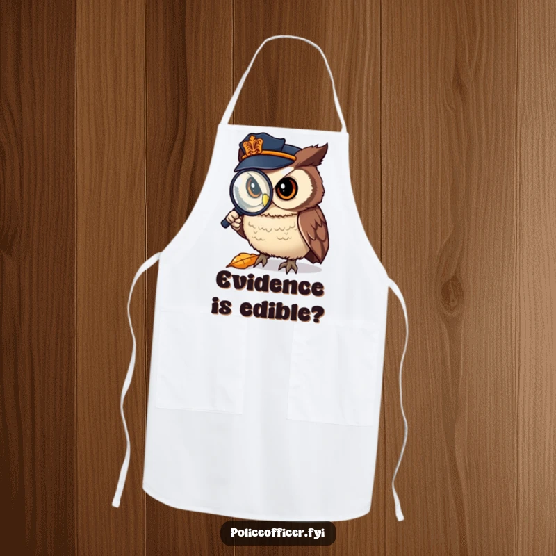 Funny Apron: Owl police officer meticulously examining a leaf with a magnifying glass, a humorous kitchen accessory.
