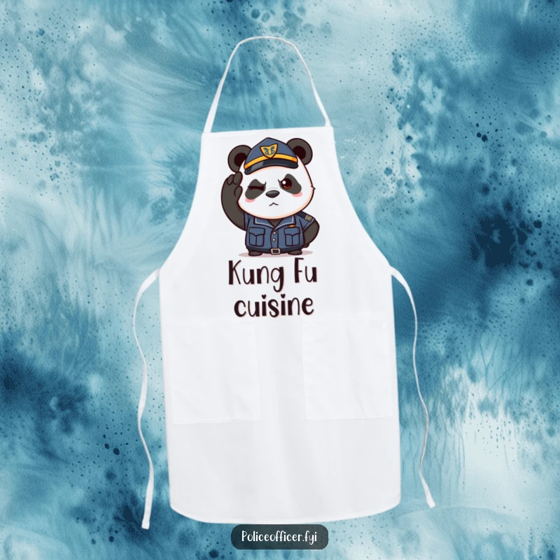 Funny apron with a determined panda in a police uniform saluting with a wink. A humorous kitchen accessory.
