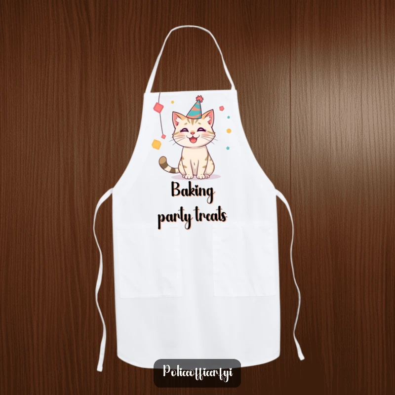Funny party cat apron showing a cat in a hat batting at shapes, adding a touch of festive fun to kitchen tasks.