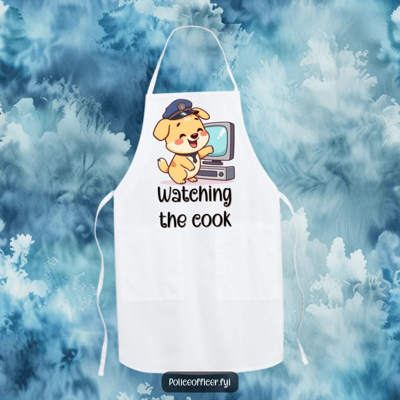 Funny Apron: Happy dog in police hat pointing at TV, wagging tail, a funny gift for cooks.