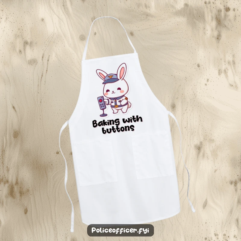 Playful rabbit in a uniform pressing a remote button, wearing an apron, ready for kitchen fun.