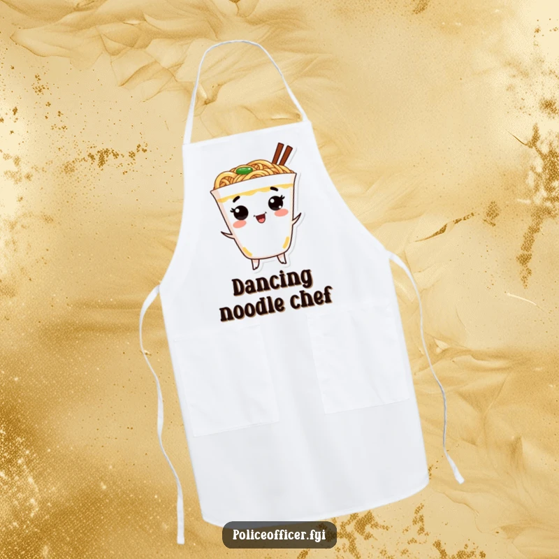 Funny ramen apron depicting a cheerful ramen cup with a face dancing excitedly, perfect for a fun cooking experience.