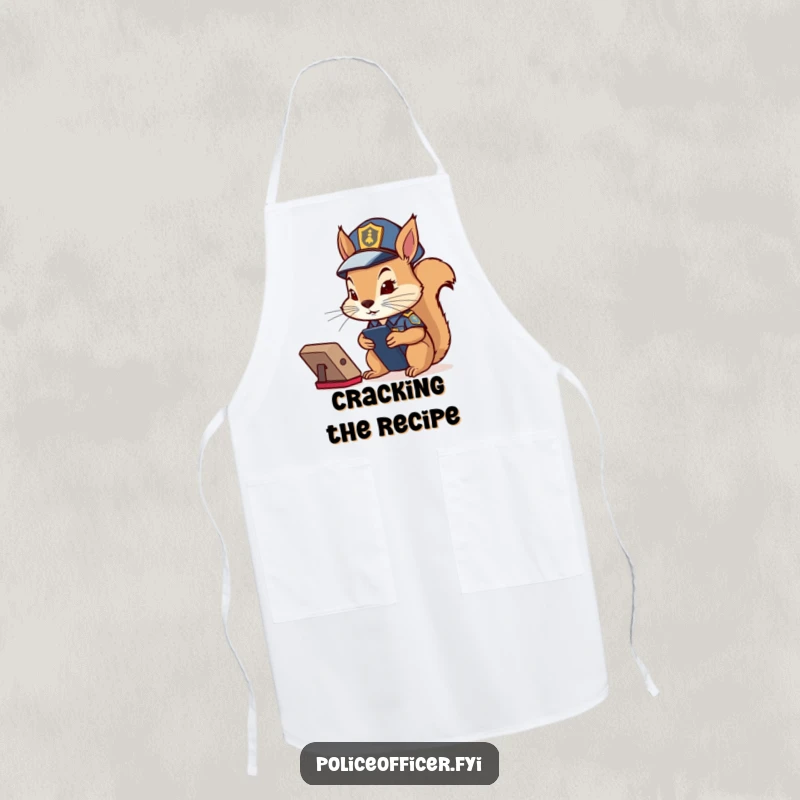 Funny Squirrel Cop Apron: Determined squirrel in police costume intently watching a remote control, ideal for kitchen duty.