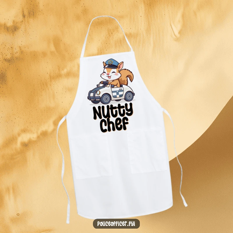 Funny Apron with a giggling squirrel in a police hat riding a toy police car, perfect for kitchen fun.
