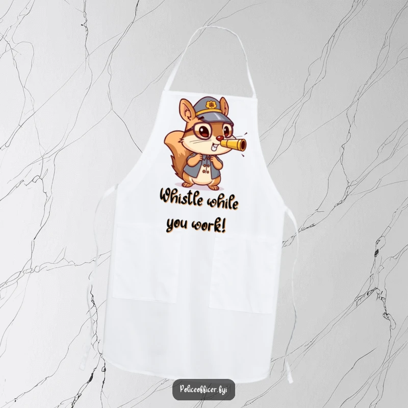 Funny apron showing an energetic squirrel police officer blowing a miniature whistle, ready to command the kitchen with humor.