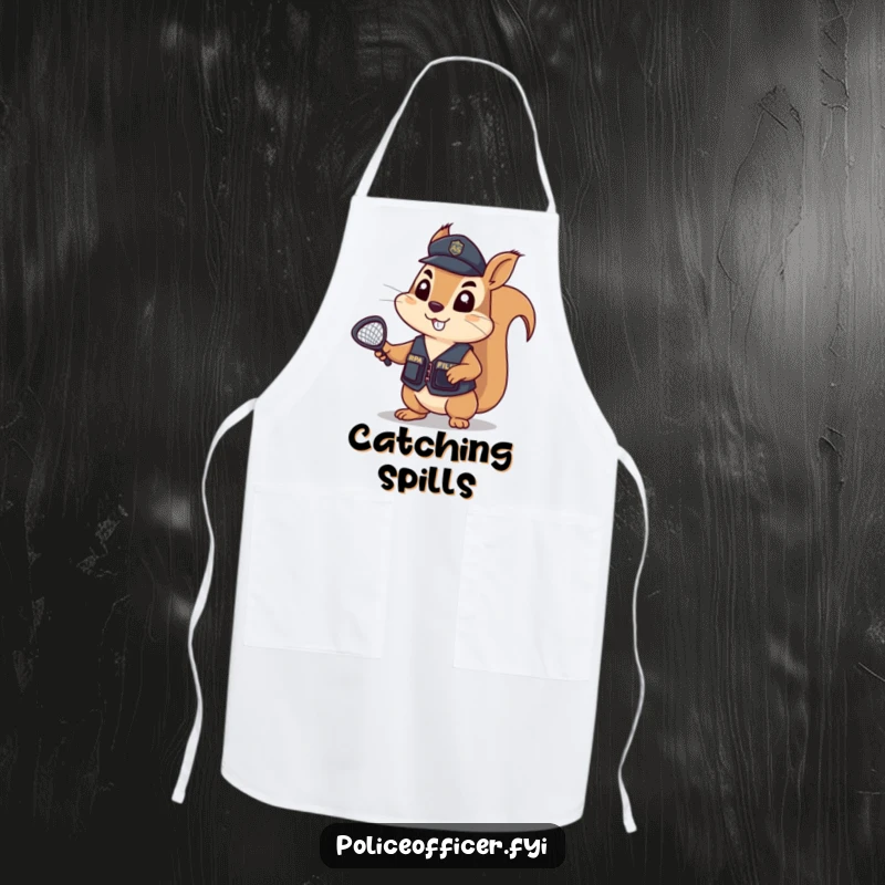 Funny Apron featuring a determined squirrel in a tiny police vest, holding a tiny net aloft, ready to catch any kitchen mishaps.