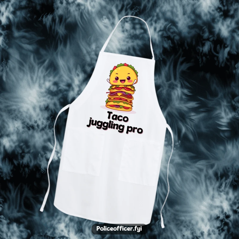 Funny apron design shows a cheerful taco struggling to balance a tall stack of tacos while cooking, adding humor to meal preparation.