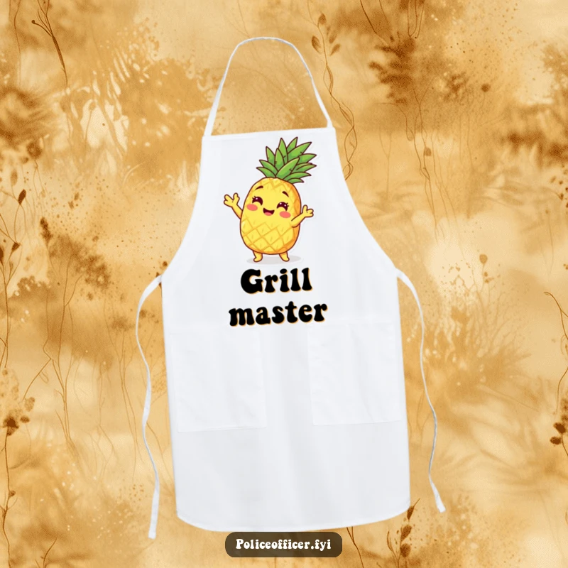 Funny pineapple character striking a playful pose on a kitchen apron, ready for culinary fun.