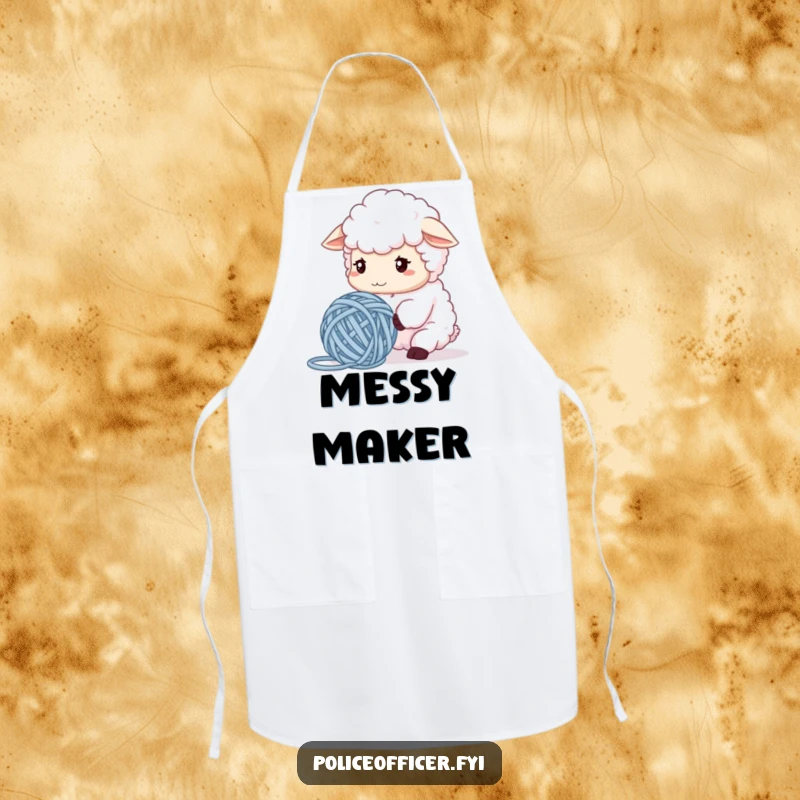 Funny Sheep Apron showcasing a fluffy sheep hilariously confused by tangled yarn, perfect for crafting with humorous intent, an ideal gift for sewers.