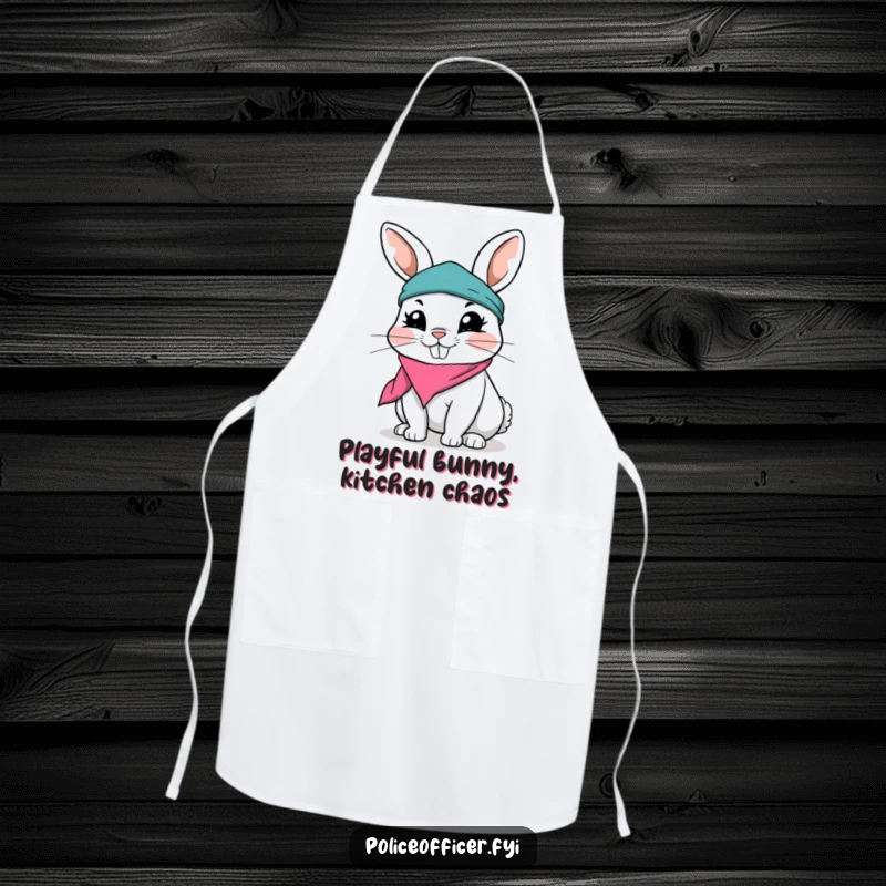 Funny Rabbit Apron depicting a playful rabbit in a ripped bandana with a mischievous grin, perfect for kitchen adventures with a cheerful vibe.