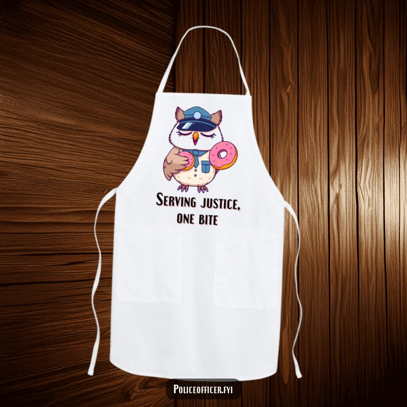 Funny sleepy owl police officer apron, yawning while holding a donut, humorous kitchen wear.