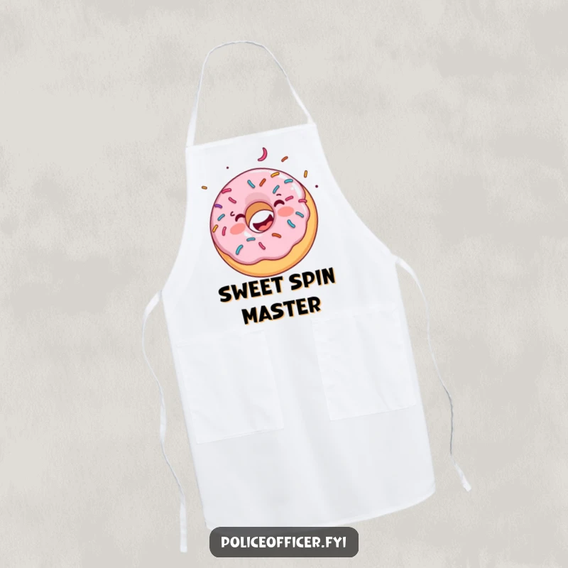 Funny apron design shows a happy donut with sprinkles spinning enthusiastically, bringing cheerful energy to cooking and baking.