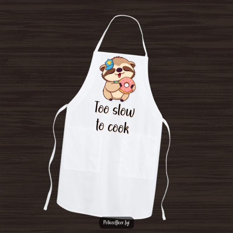 Funny Sloth Police Apron: Durable apron with a sleepy sloth police officer yawning, donut in hand.
