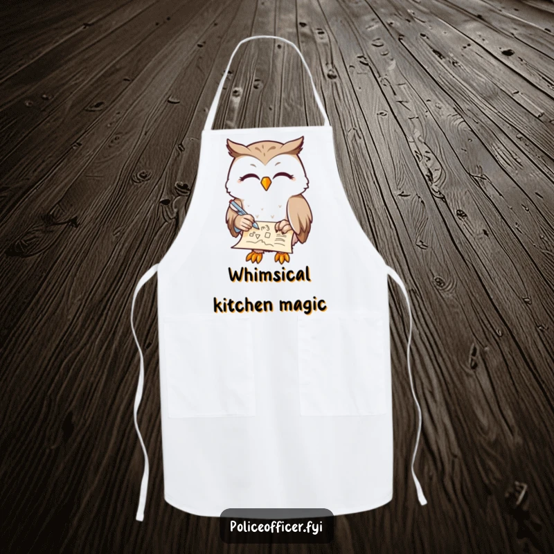 Funny Owl Apron featuring a contented owl with half-closed eyes, doodling on a scroll with a feather pen, perfect for creative messes, a funny gift.