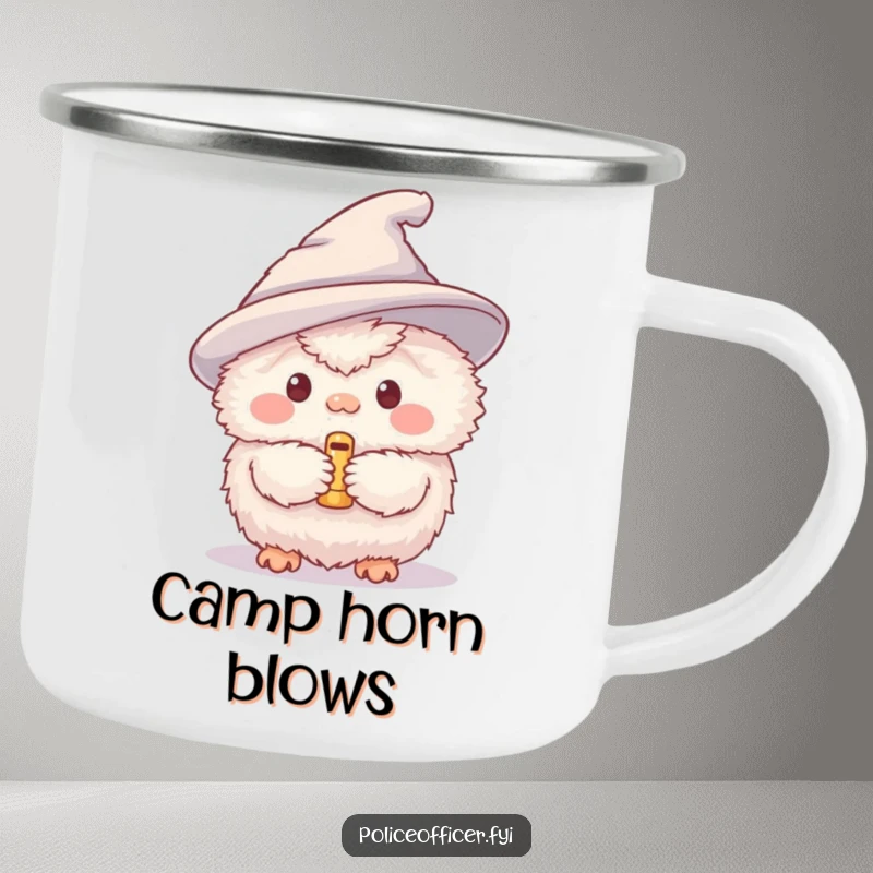 Funny camping mug with a fluffy creature wearing a small hat and blowing a tiny whistle, designed for outdoor enthusiasts.