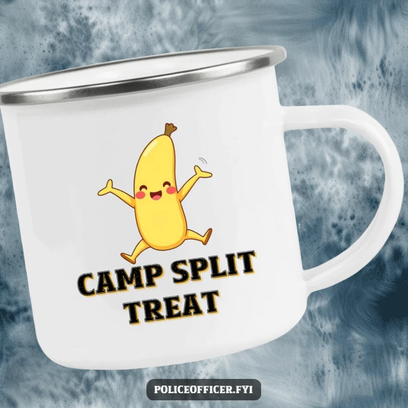 Funny camping mug shows a happy banana with legs doing a joyful split, perfect for outdoor kitchens and dessert lovers.
