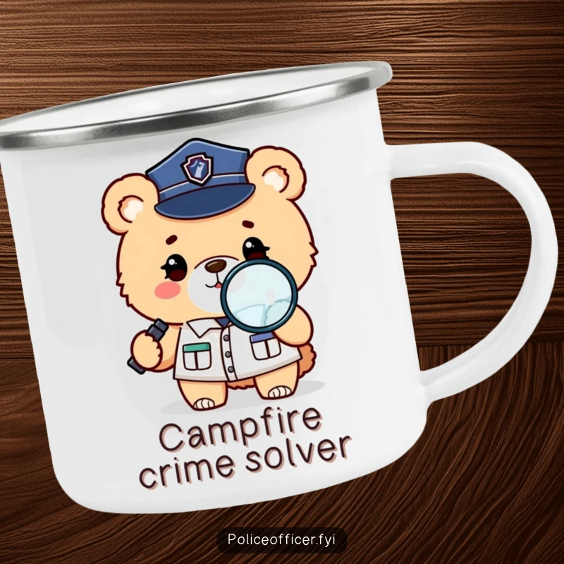 Funny, durable camping mug featuring a fluffy bear in a police uniform winking and holding a magnifying glass.