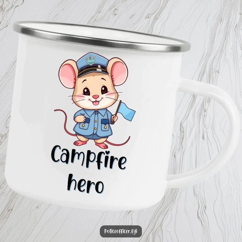 Funny smiling mouse police officer camping mug, holding a small flag, rugged and humorous design.